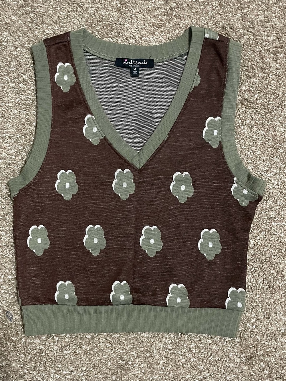 Mixed Threads Women's Brown/Green Floral Knit V-Neck Sleeveless Sweater Vest M